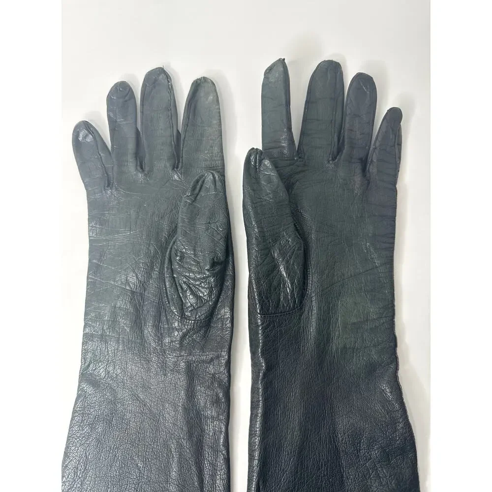 Vintage 50s–60s Alexander’s France Black Leather Silk Lining Opera Gloves size 7